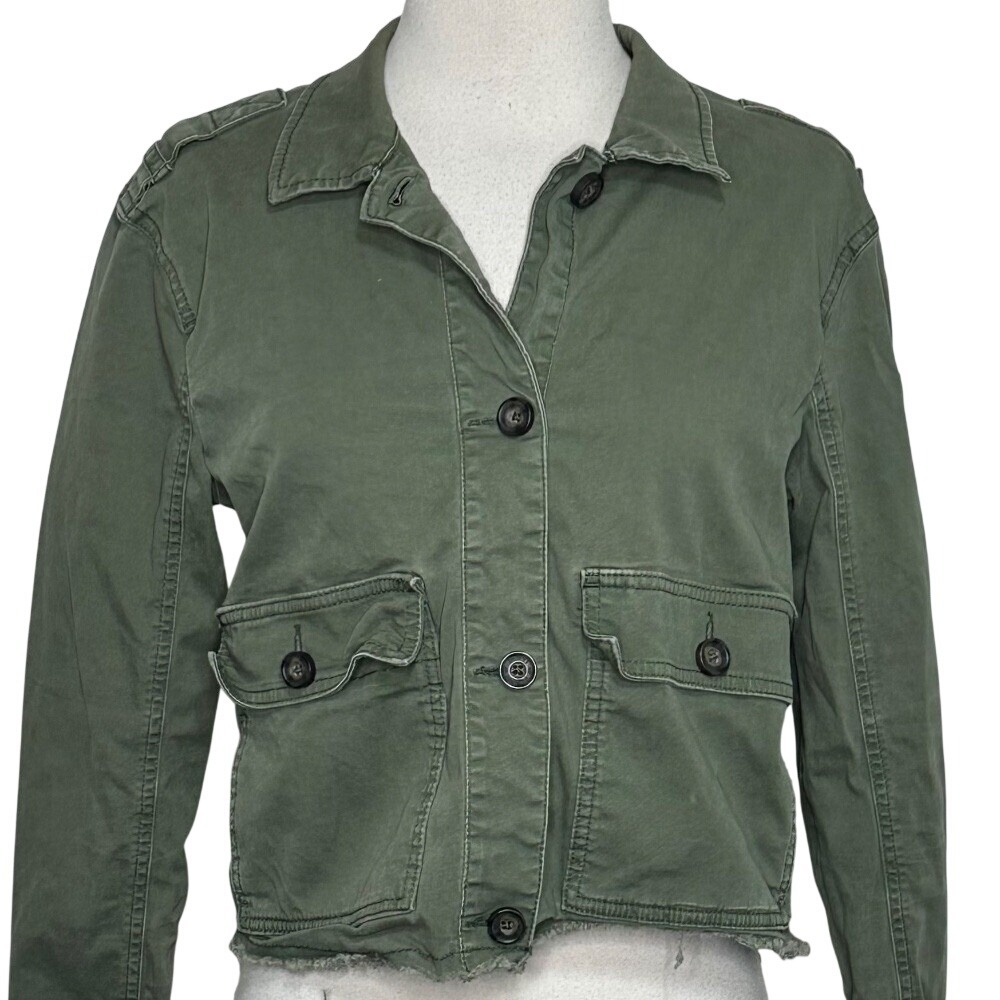 Hollister Cropped Military Jacket Stretch Olive Green Button Up Size M